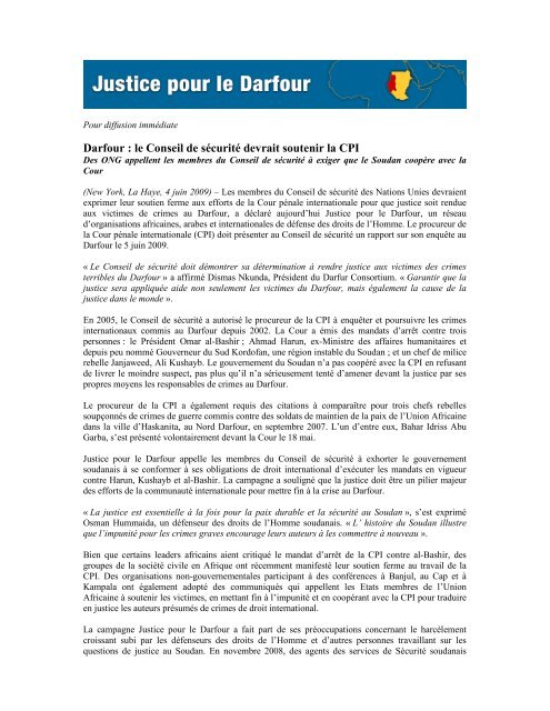 Darfour : le Conseil de sÃ©curitÃ© devrait soutenir la CPI - International ...