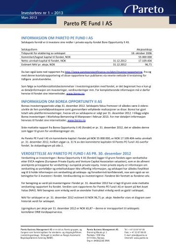 Pareto PE Fund I AS - Pareto Project Finance