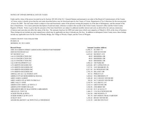 2009 Delinquent Real Estate Tax List - Union County