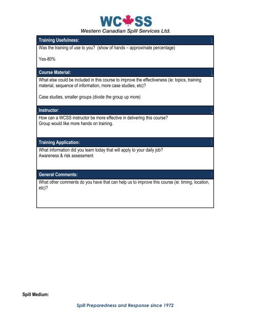 WCSS OIL SPILL CO-OPERATIVE TRAINING EXERCISE REPORT E