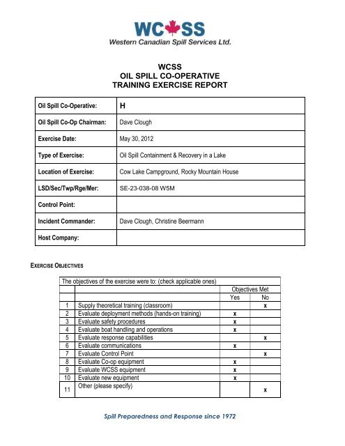 WCSS OIL SPILL CO-OPERATIVE TRAINING EXERCISE REPORT H