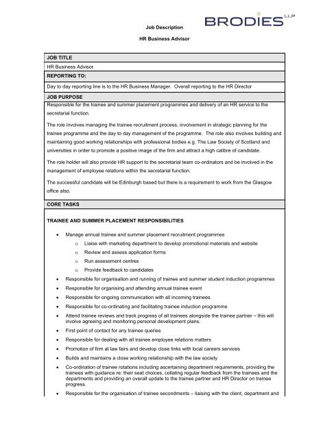 Job Description HR Business Advisor JOB TITLE HR Business ...