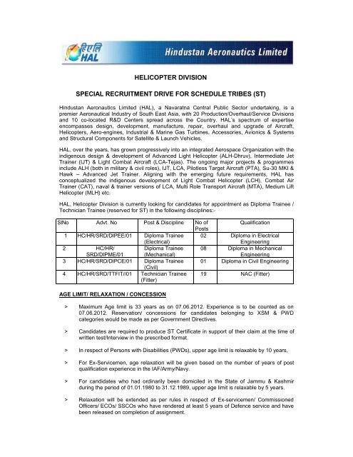 helicopter division special recruitment drive for schedule tribes