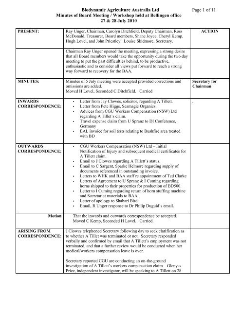 Biodynamic Agriculture Australia Ltd Page 1 of 11 Minutes of Board ...