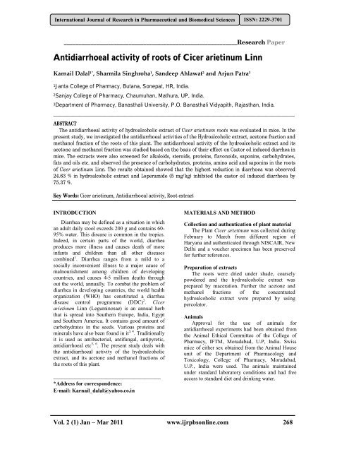Antidiarrhoeal activity of roots of Cicer arietinum Linn - International ...