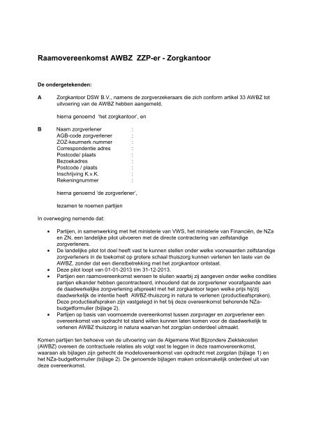 Raamovereenkomst ZZP-ers 2013 - Zorgkantoor DWO/NWN