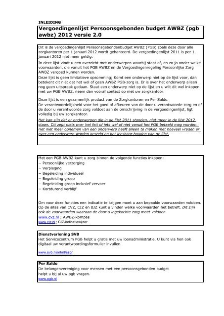 Vergoedingenlijst PGB 2012 2 0.xlsx CZ