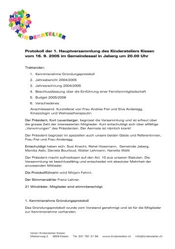 Protokoll der 1. Hauptversammlung des Kinderateliers Kiesen vom ...