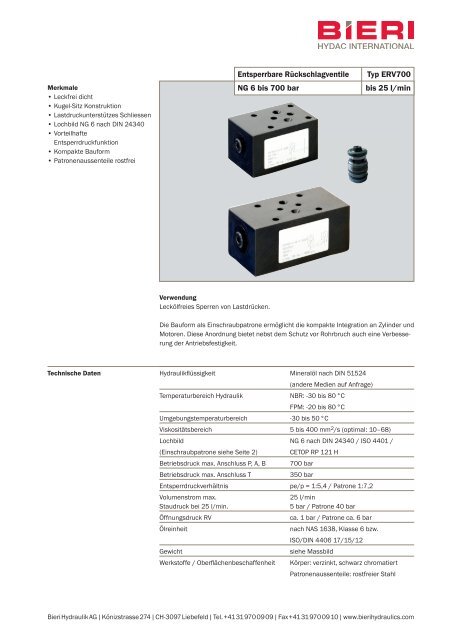 Entsperrbares Rückschlagventil Typ ERV700 - Bieri Hydraulik AG