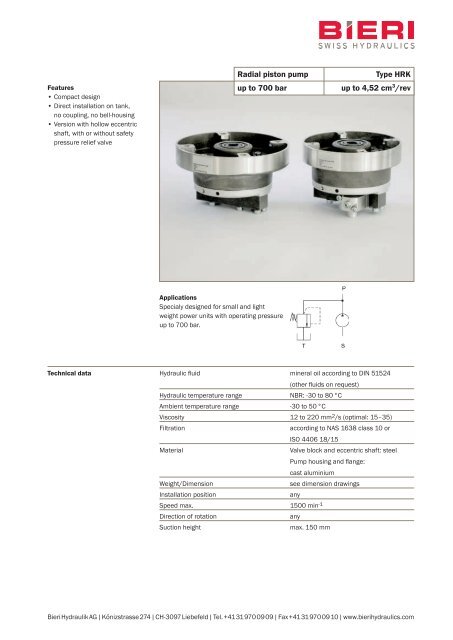 Radial piston pump up to 700 bar Type HRK up to 4,52 cm3/rev