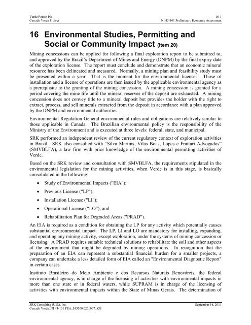 NI 43-101 Preliminary Economic Assessment - Verde Potash