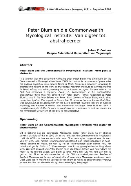 Peter Blum en die Commonwealth Mycological Institute - LitNet
