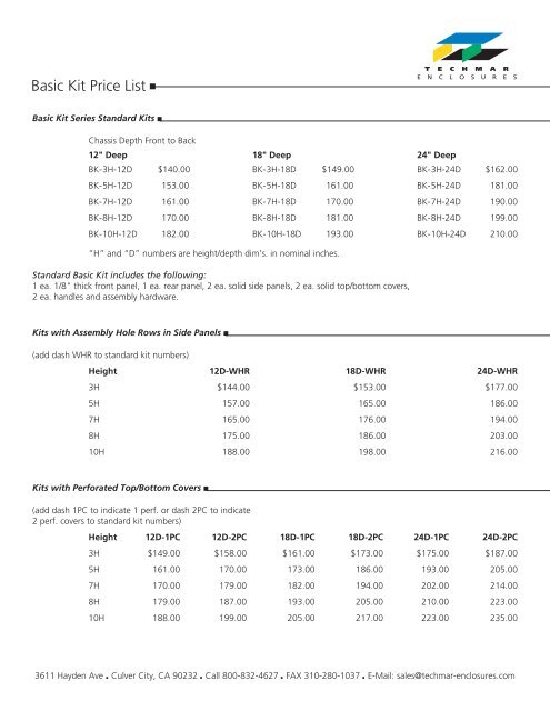 Basic Kit Price List - Techmar Enclosures