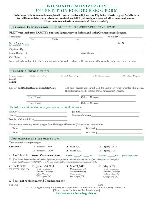 WILMINGTON UNIVERSITY 2011 PETITION FOR DEGREE(S) FORM