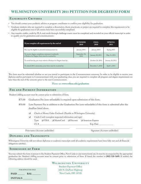 WILMINGTON UNIVERSITY 2011 PETITION FOR DEGREE(S) FORM