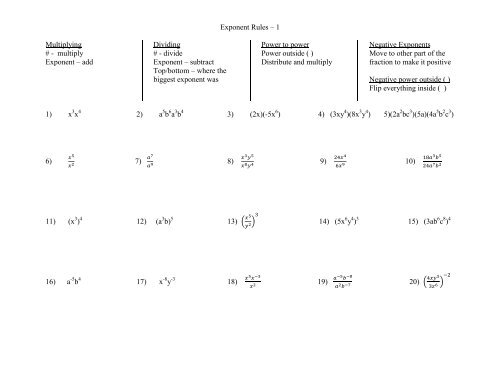 Exponent Rules â 1 Multiplying # - multiply Exponent â add Dividing ...