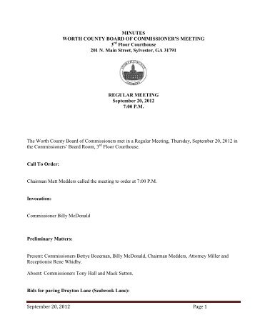 09-20-12 Regular Meeting Minutes - Worth County, Georgia