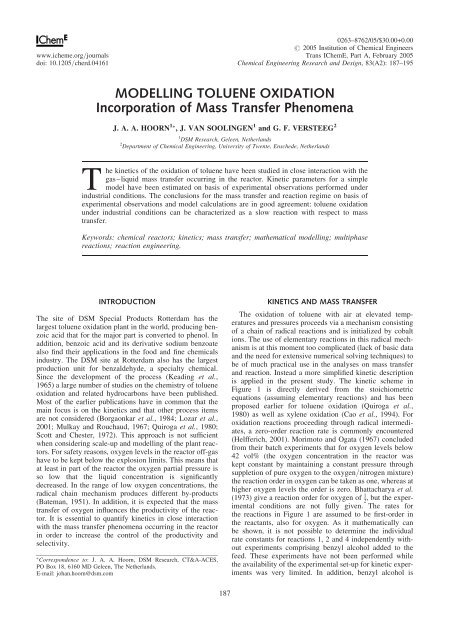 MODELLING TOLUENE OXIDATION Incorporation of Mass ... - ITM