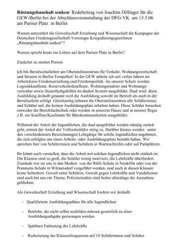 Redebeitrag von Joachim Dillinger fÃ¼r die GEW-Berlin bei der ...