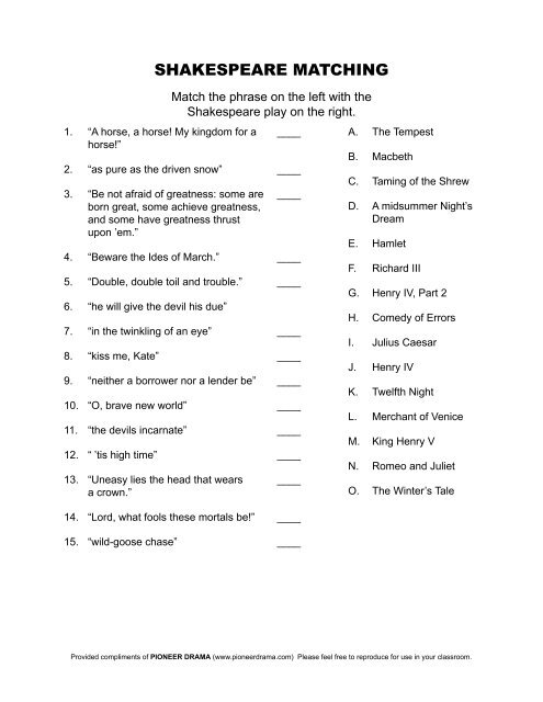 Shakespeare Matching Game