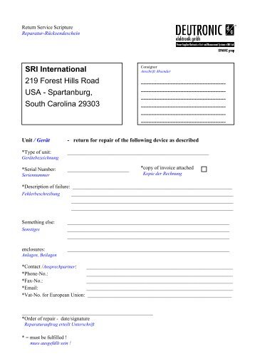 Deutronic / SRI Repair Form