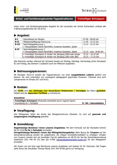 Anmeldung Tagesstrukturen - Schule-Eschenbach