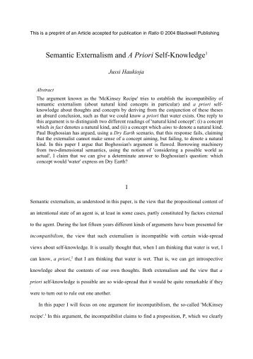 Semantic Externalism and A Priori Self-Knowledge