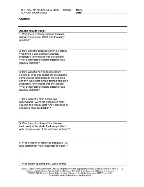 Critical Appraisal Worksheet for a Cohort Study - LSUHSC-S ...