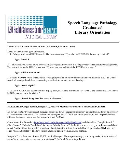 Speech Language Pathology Graduates' Library Orientation