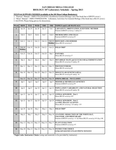 SAN DIEGO MESA COLLEGE BIOLOGY 107 Laboratory Schedule