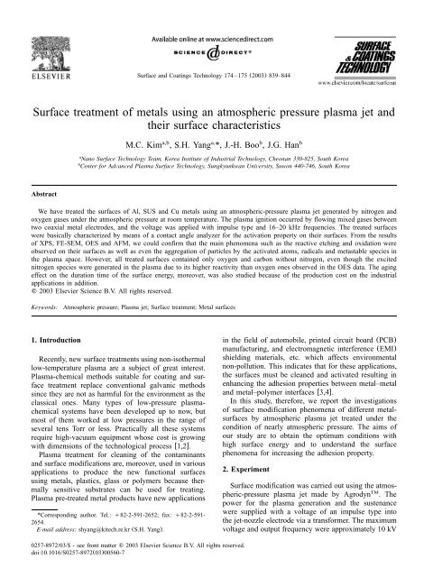 Surface treatment of metals using an atmospheric pressure plasma ...