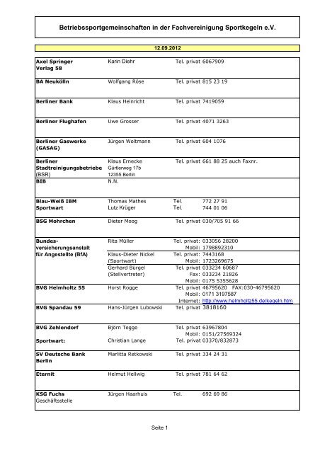 Betriebssportgemeinschaften in der Fachvereinigung ... - FVS BERLIN