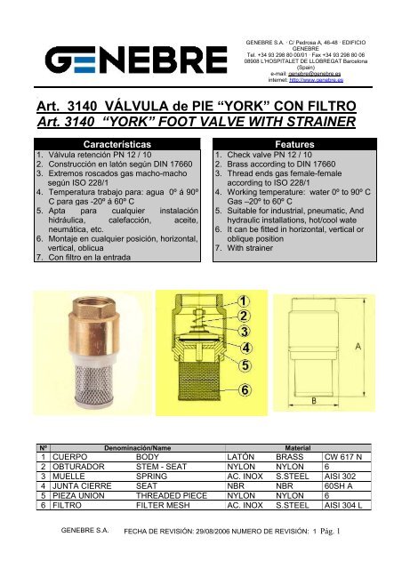 Art. 3140 VÁLVULA de PIE “YORK” CON FILTRO UArt. 3140 ... - TDM