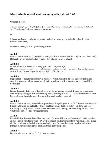 Model Arbeidsovereenkomst voor onbepaalde tijd met CAO - Het ...