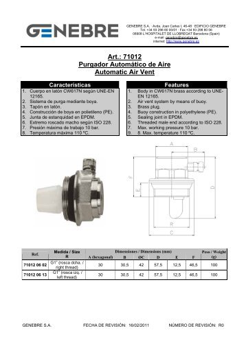 Art.: 71012 Purgador Automático de Aire Automatic Air Vent - TDM