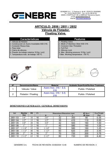 ARTICULO: 2856 / 2851 / 2852 Válvula de Flotador. Floating ... - TDM