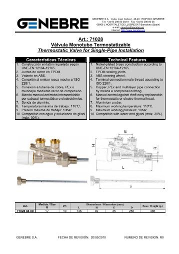 Art.: 71028 Válvula Monotubo Termostatizable Thermostatic ... - TDM