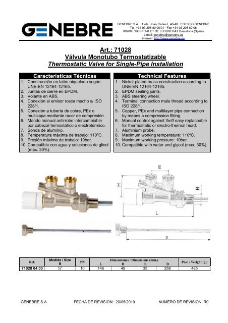 Art.: 71028 Válvula Monotubo Termostatizable Thermostatic ... - TDM