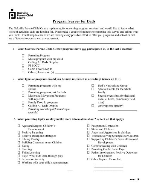 Program Survey for Dads - Oakville Parent Child Centre