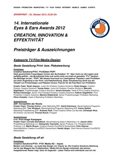 14. Internationale Eyes & Ears Awards 2012 CREATION - EEOFE