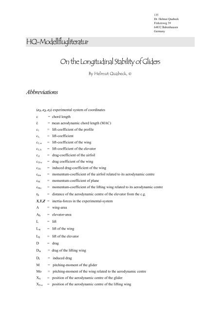 HQ-Modellflugliteratur On the Longitudinal Stability of Gliders