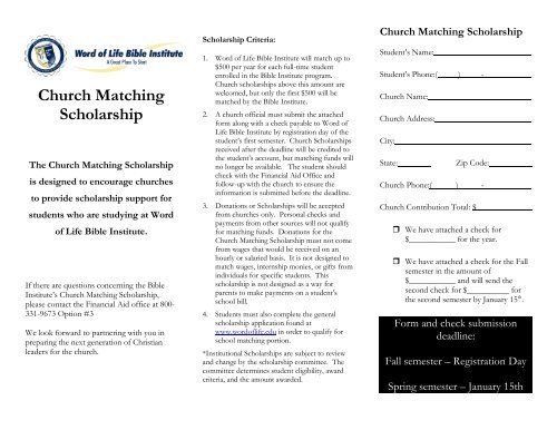 Church Matching Scholarship - Word of Life Bible Institute