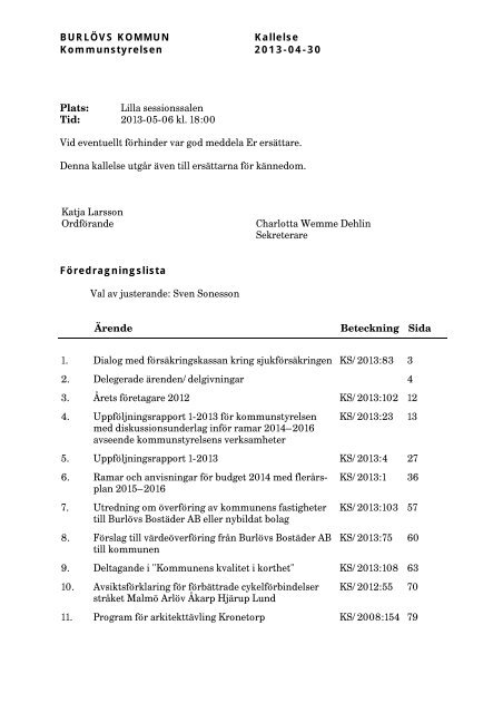 Ks 2013 05 06 Kallelse Pdf Burlovs Kommun