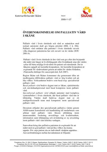 ÖVERENSKOMMELSE OM PALLIATIV VÅRD I ... - Region Skåne