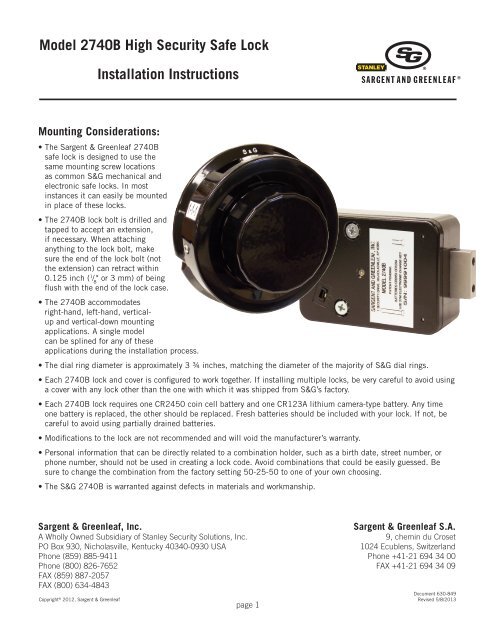 Installation Instructions - Sargent and Greenleaf