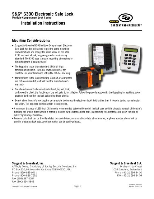 S&G® 6300 Electronic Safe Lock Installation Instructions
