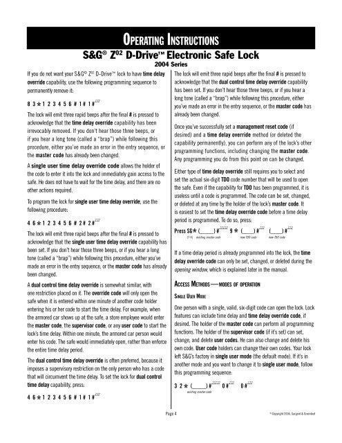 OPERATING INSTRUCTIONS - Sargent and Greenleaf