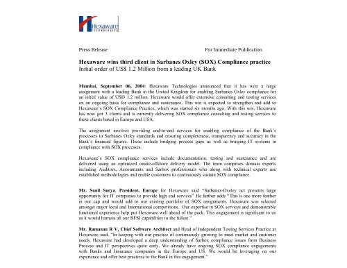 Hexaware Wins Third Client In Sarbanes Oxley Sox Compliance