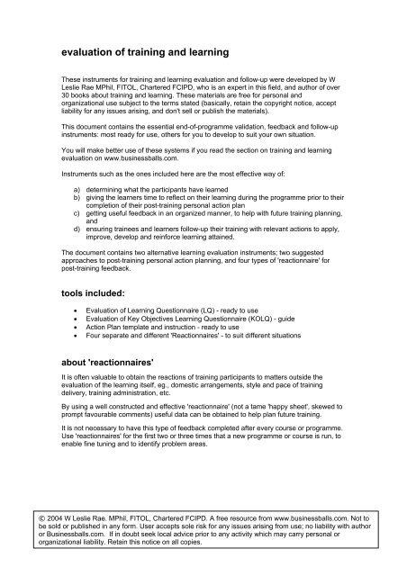 evaluation Of Training And Learning - Businessballs