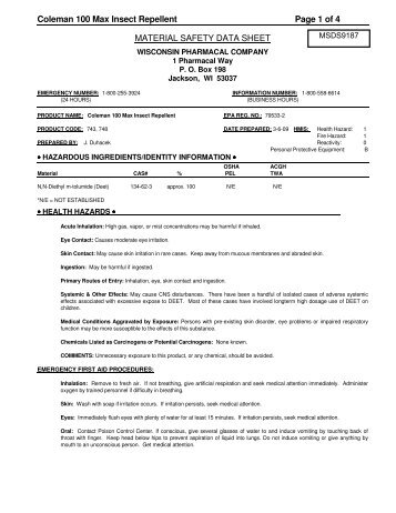 Coleman 100 Max Insect Repellent Page 1 of 4 MATERIAL SAFETY ...